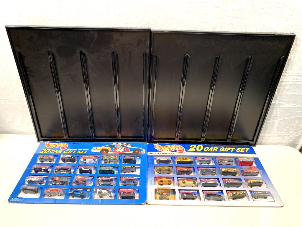 (4) display racks & 20 car Hot Wheels Gift Sets: one of the display racks has damage to the one slide holder, racks are approx. 24" X 24"