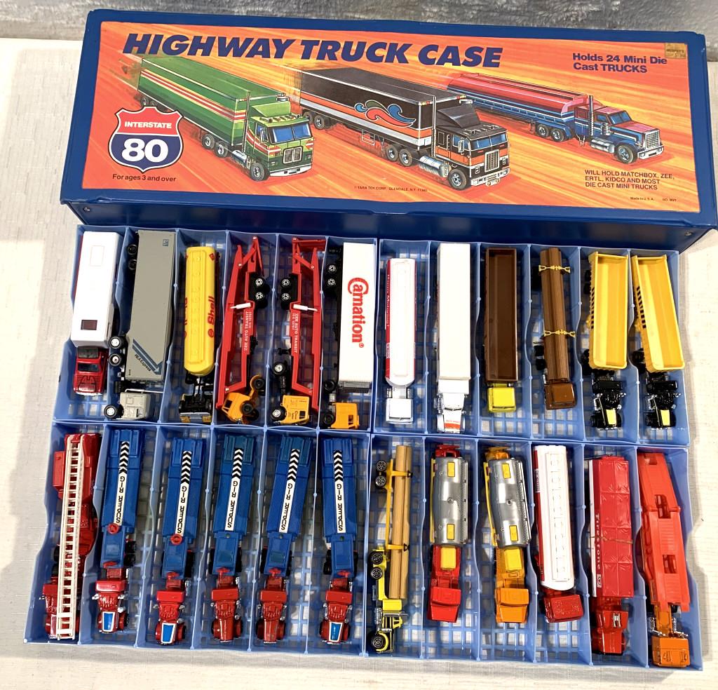 Highway Truck Case w/ 24 Mini Trucks: various toy truck manufacturers Matchbox, Kidco, & others, #2 written on the side