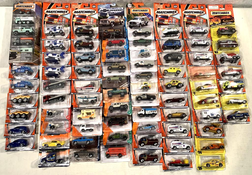 70+ Asst Matchbox various series: Rescue Squad, Scuba Dudes, Police, 5 pack & others, box 105, 107, 303, 305