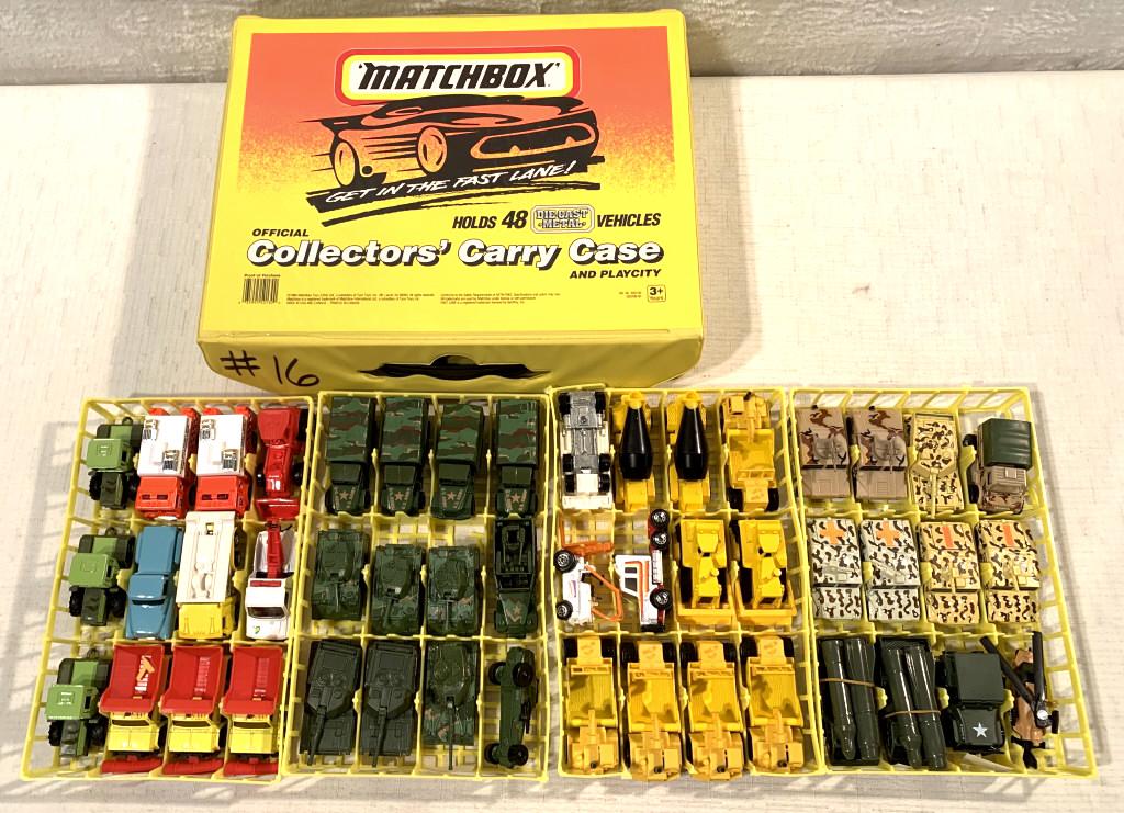 Matchbox Car Carry case w/ assorted die casts: Hot Wheels, Matchbox & others, trays have damage to them, case #16