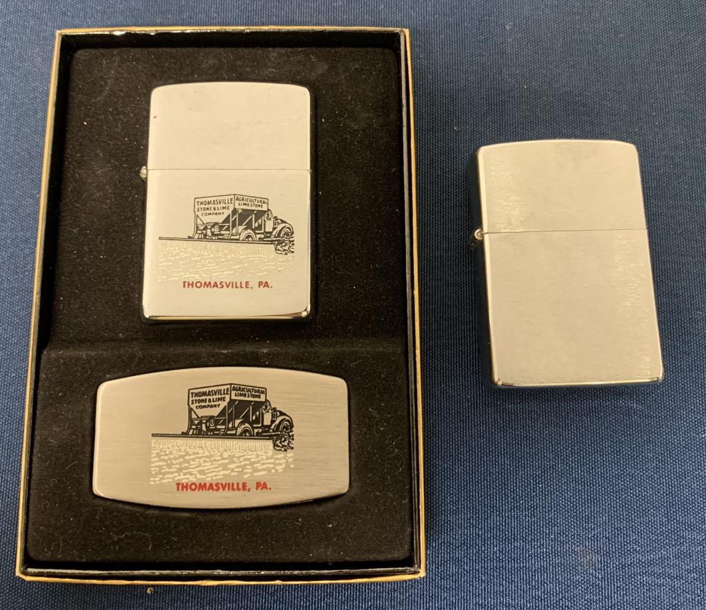 lot of 3 Zippo Lighters & Knife Set: one lighter & knife set stamped for Thomasville PA Stone & Lime Co, lighters are untested