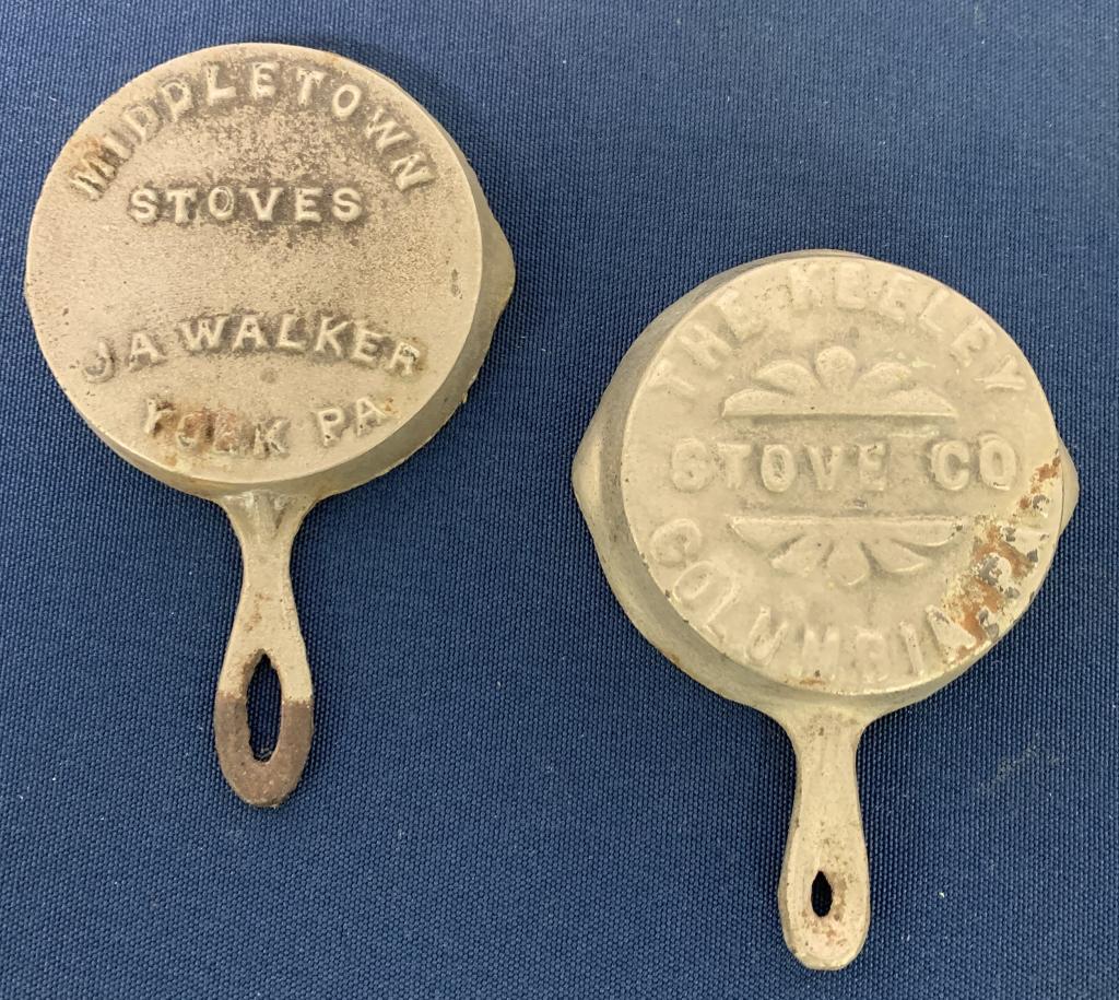lot of 2 cast Miniature Pan Advertisements: Middletown Stoves J A Walker York PA, Keeley Stove Co Columbia PA