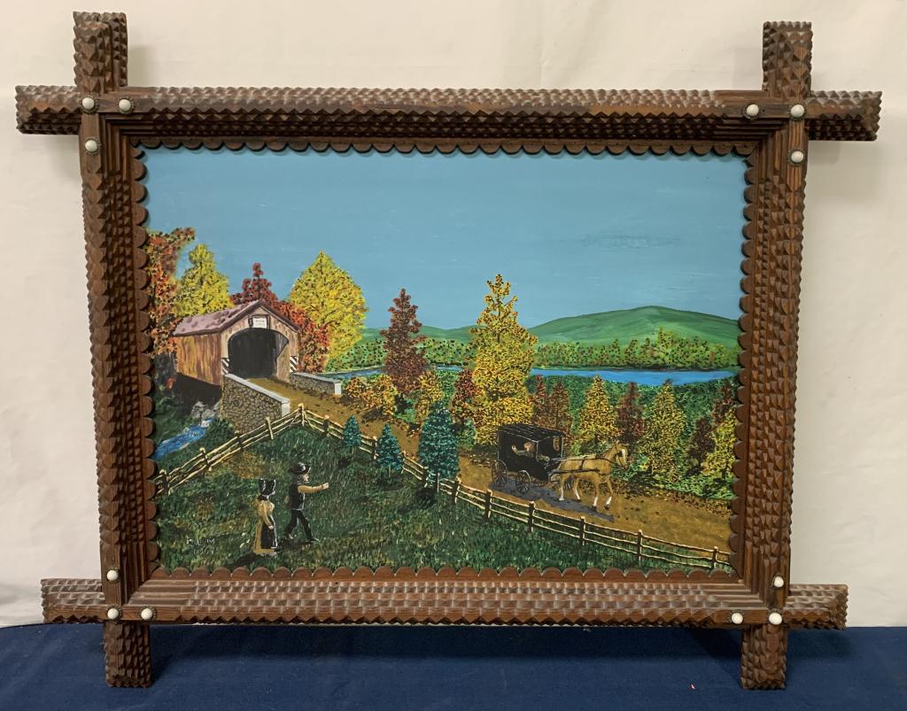 Tramp Art Framed Painted Amish Setting: painting seems painted on wood, paper on back side is torn throughout, 29" X 23"