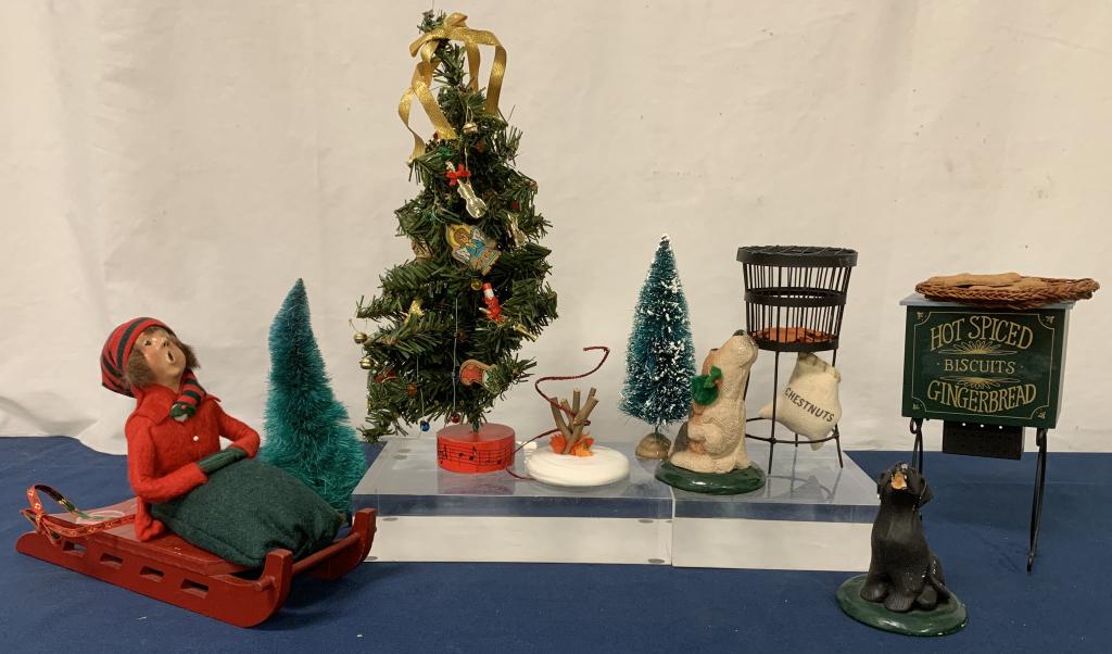 (9) Byers Choice & Other Christmas Accessories: dogs have chipped paint, Byers Choice marked 1987, 1995, 2000, package missing off sled