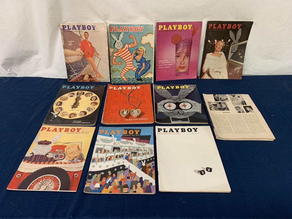 lot of 11 1957 Playboy Magazines: covers damaged on some, pages loose, AS IS, missing December