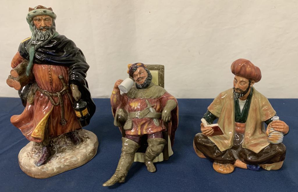 Lot of 3,Royal Doulton Figurines: Omar Kayyam,Foaming Quart 6",Good King Wenceslas 8 1/2"