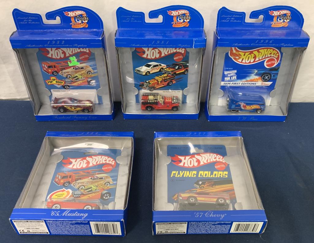 Lot of 5,Hot Wheels Commemoratives,NIB: 57 Chevy,'65 Mustang,VW Bus,Firebird Funny Car,Old Number 5