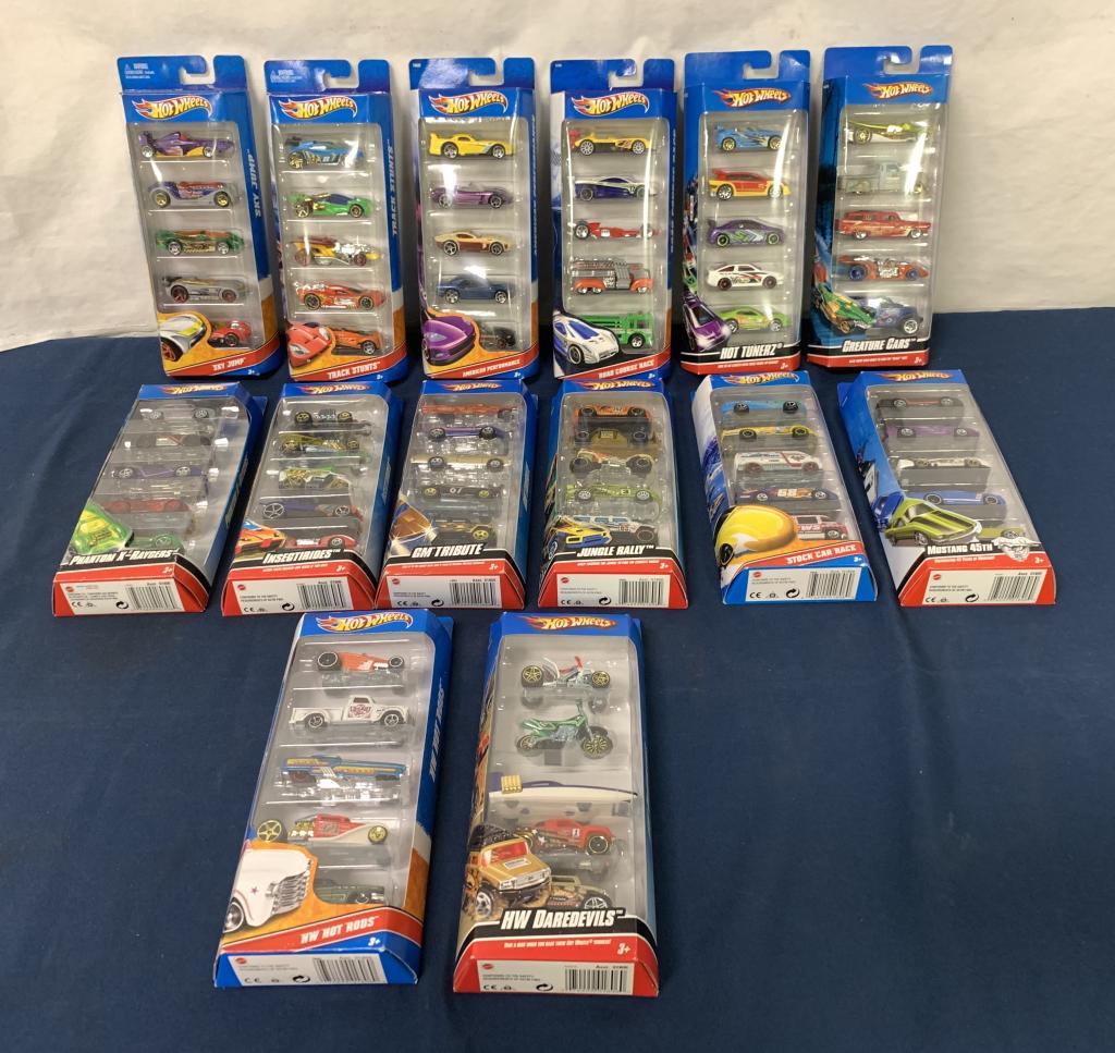 Lot of 14,Hot Wheels Collectors 5 Packs: Hot Tunerz,Creature Cars,Track Stunts,Road Course,Insectarides,