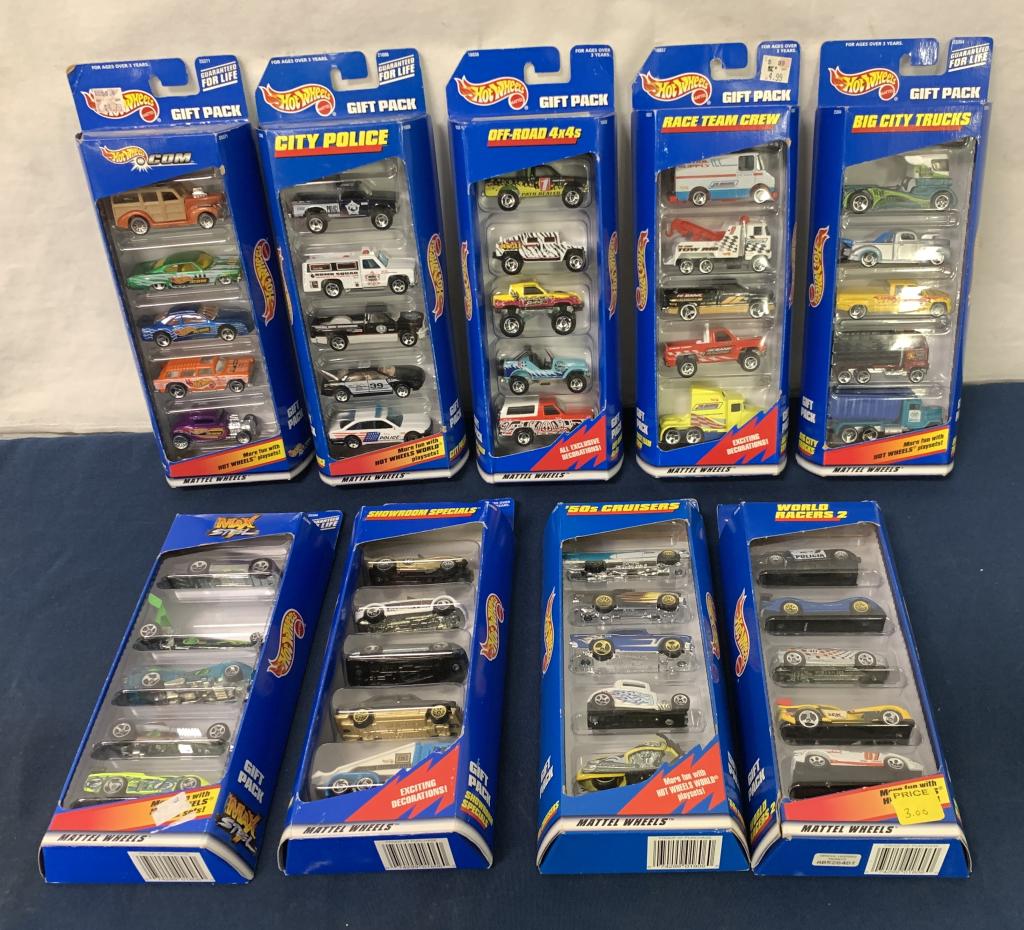 Lot of 9,Hot Wheel Collectors Gift Packs: City Police,'50's Cruisers,Big City Trucks,off-Road,Showroom Spacials