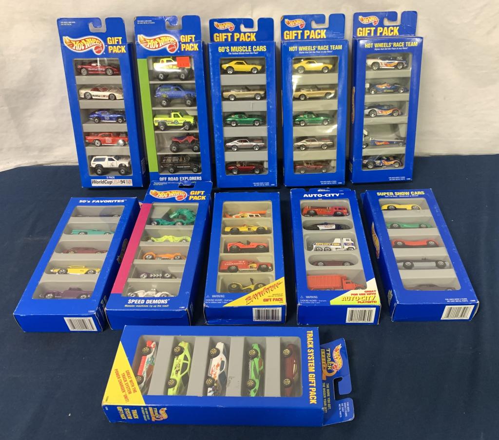 Lot of 11,Hot Wheels Collectors Gift packs: 60's Muscle Cars,Off Road Explorers,World Cup 94,Auto-City,Baywatch,Speed Demons,50's Favorites
