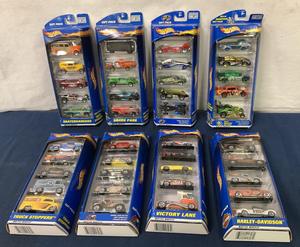 Lot of 8,Hot Wheels Gift Packs: Truck Stoppers,Sci-Fi,Shark Pack,bottom crushed,Harley Davidson,Victory Lane,some boxes scuffed