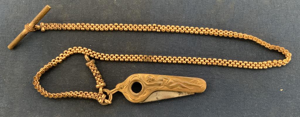 Metal Cigar Cutter with Lady on Fob: chain tarnished