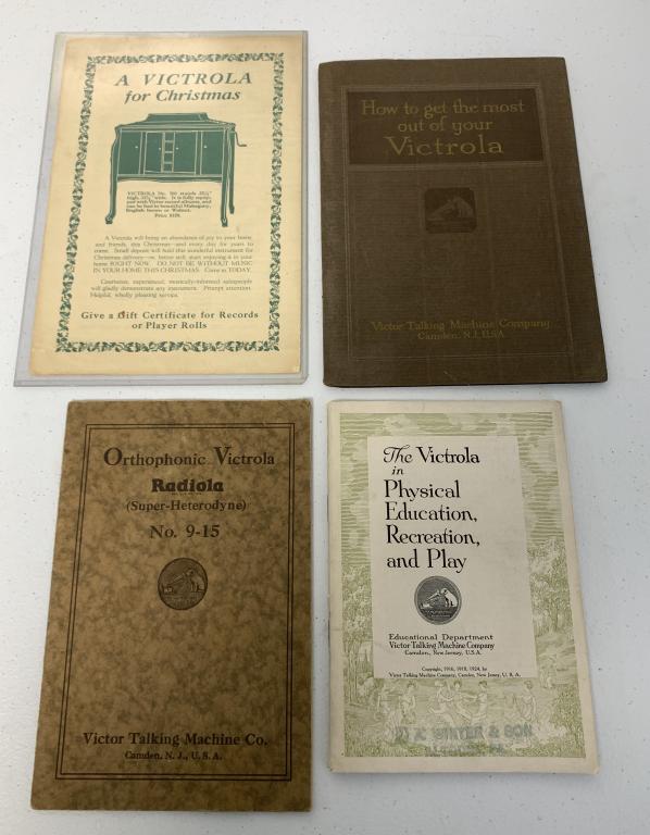 lot of 4,Victrola Advertising Literature: Radiola,Physical Ed,Play,A Victrola for Christmas,bent corners,folds,tears