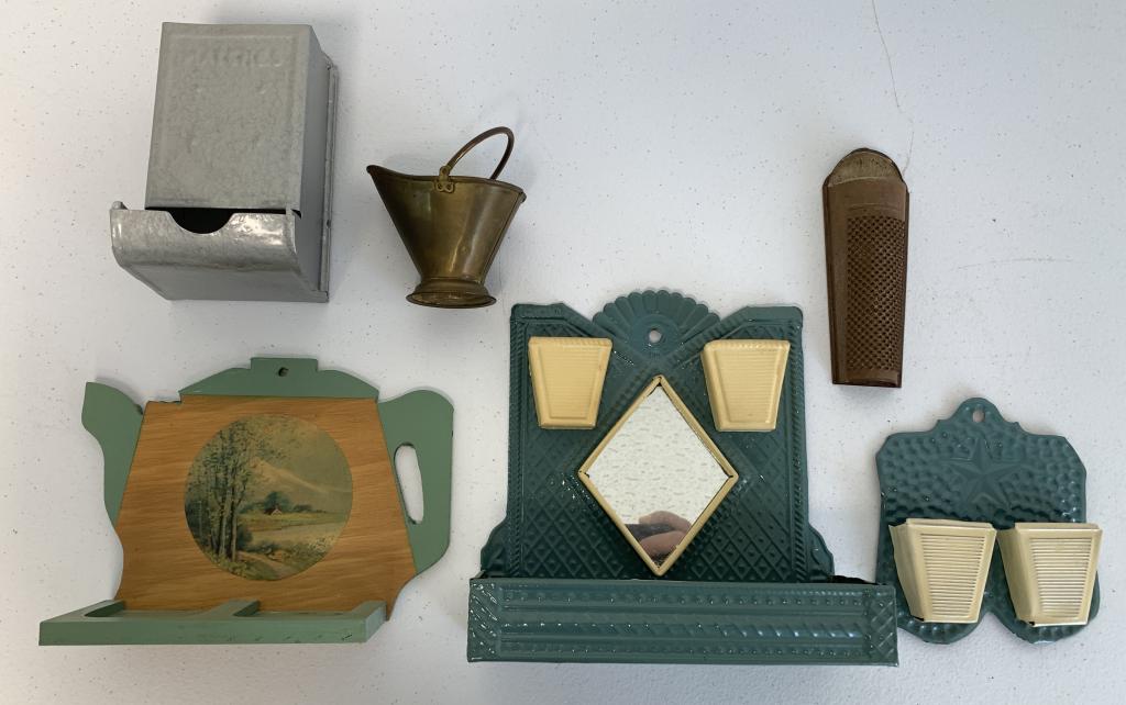 lot of 6 Match Holders, Grater, others: some tin, some wood, all with wear