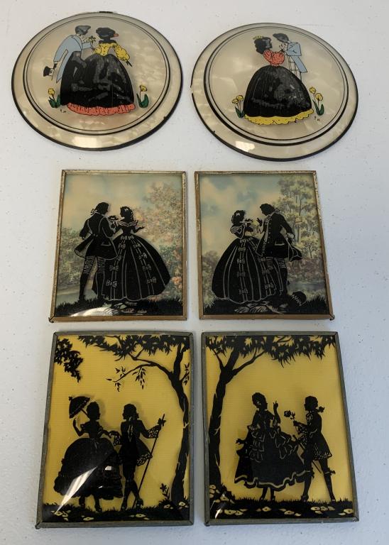 lot of 6 Silhouette Hanging Pictures: two are marked hand painted Peter Watsons Studio, some of the edges of the pictures have wear