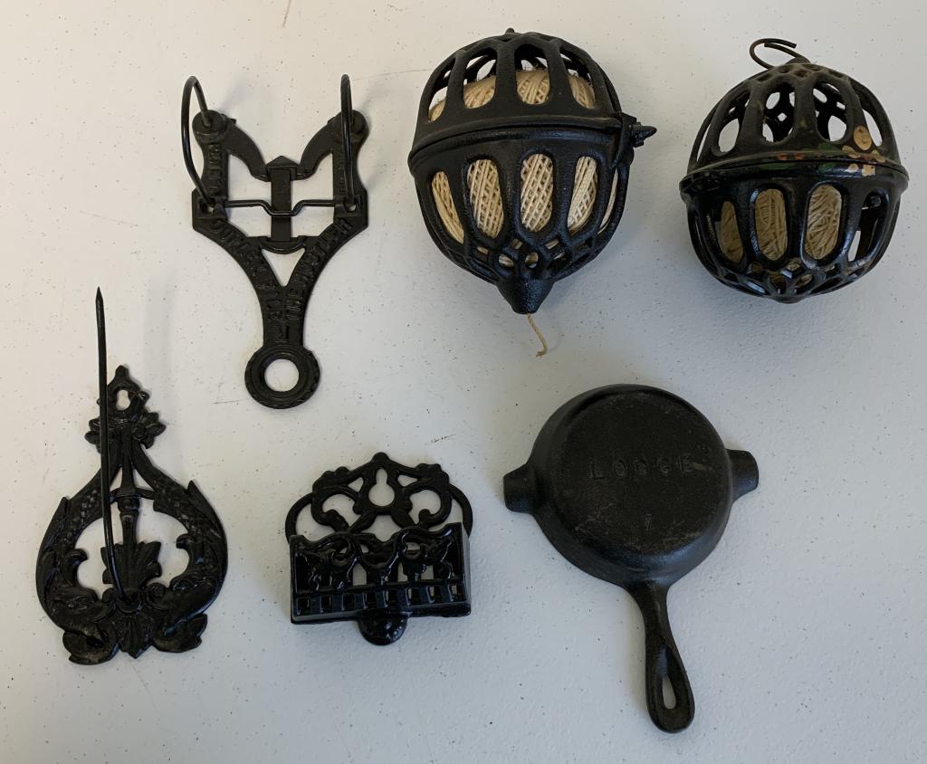 lot of 6 String Holders, Tatum Bill Holder, others: minature cast iron pan marked Lodge 7, The Hustler Duplex File, one of the string holders has original paint and designs, match holder may be repainted