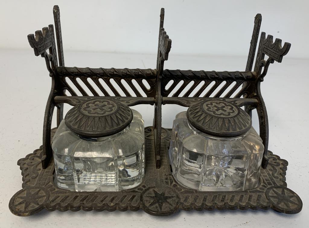 Cast Metal Pen Holder w/ Two Glass Ink wells: no names or markings