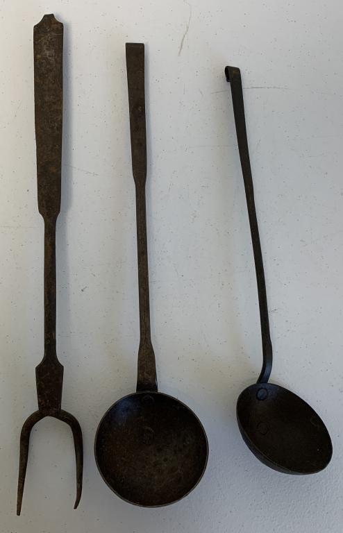 (3)Fork & Ladle Butcher Set Possibly Hand Made: one of the fork tines looks bent, all with some wear, no names or markings