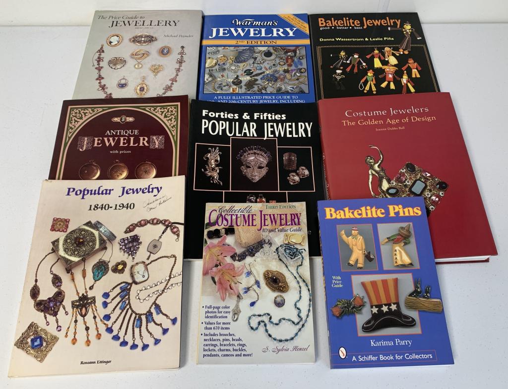 lot of 9 Books Jewelry, Bakelite, Costume Jewelry: jewlery from the 40's & 50's, Popular Jewelry 1840-1940, others