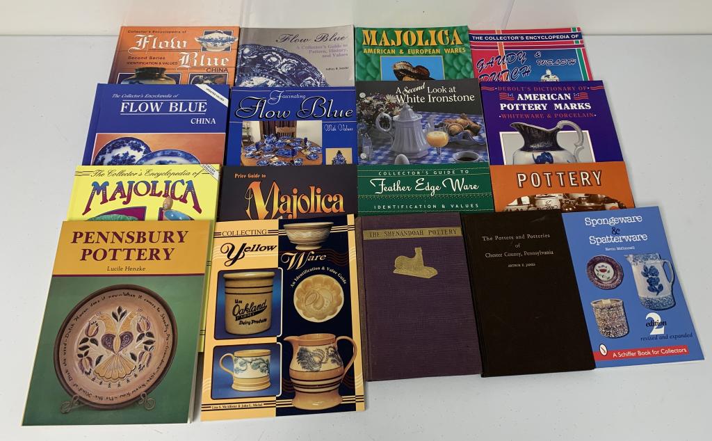 15+ Books Majolica, Flow Blue, others: Pennsbury, white ironstone, yellow ware, feather edge & others