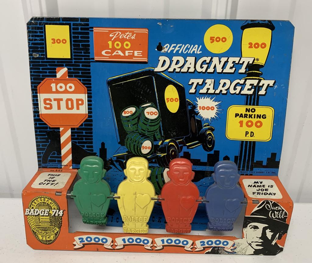 Official Dragnet Target Game: toy is tin, has some dents on back, paint scratched off at some spots
