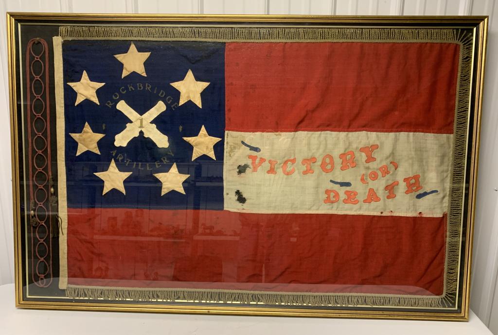 Framed Rockbridge Artillery Flag,Victory/Death: 41"x63",flag has tears,stains