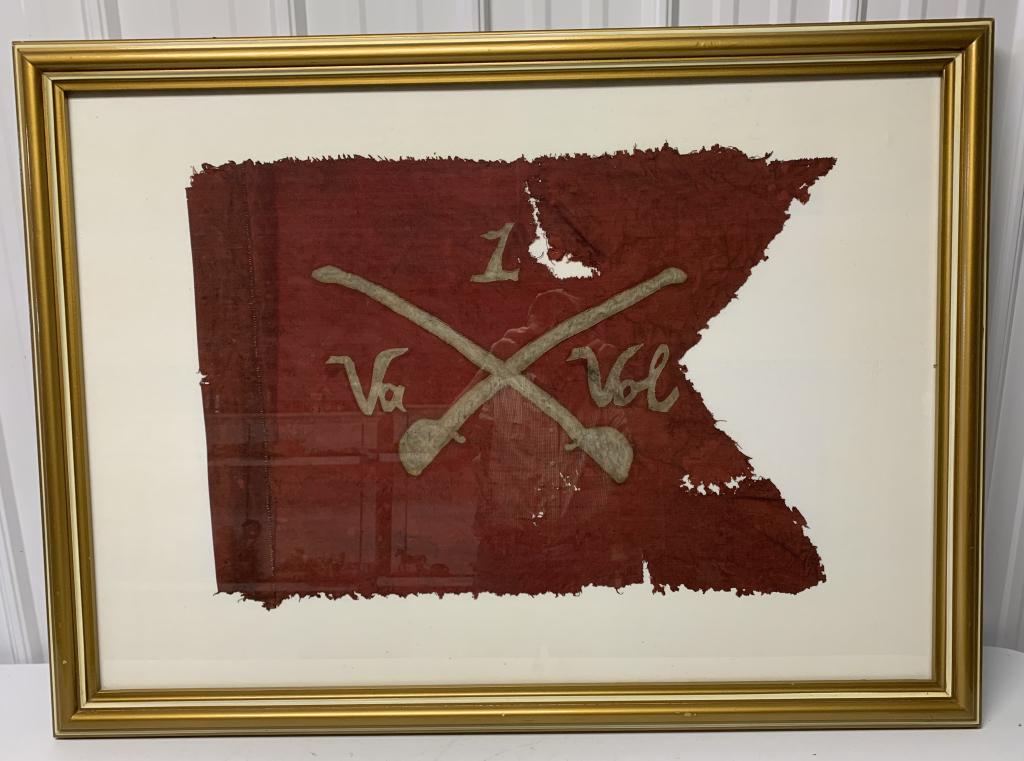 Va Volunteer 1 Flag in frame,331/2"x451/2": Confederate Signal Corp flag from SC tattered and torn,frame chipped