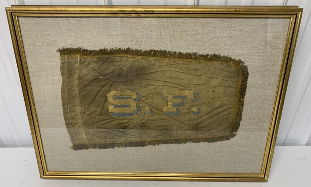 S.F.Fringed Framed Flag,20"x28": holes in flag,very stained