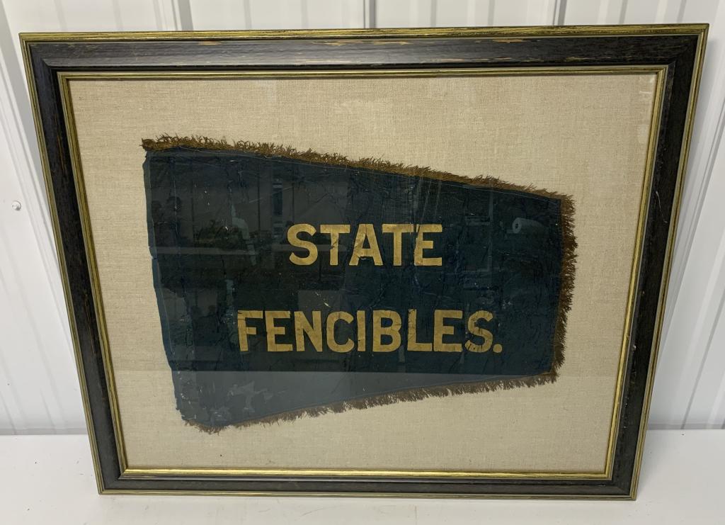 State Fencibles Framed Flag,27"x321/2": flag has holes,stains