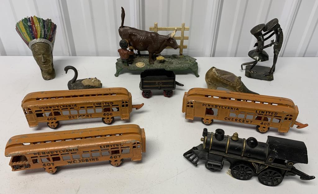 (10) Cast Iron John Wright 2-4-0 Train,Cast Iron,: Cow bank,pincushions,Railroad Spike man& woman,paint scratched