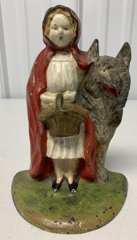 Cast Iron Red Riding Hood/Wolf Door Stop: paint chipped,see photos