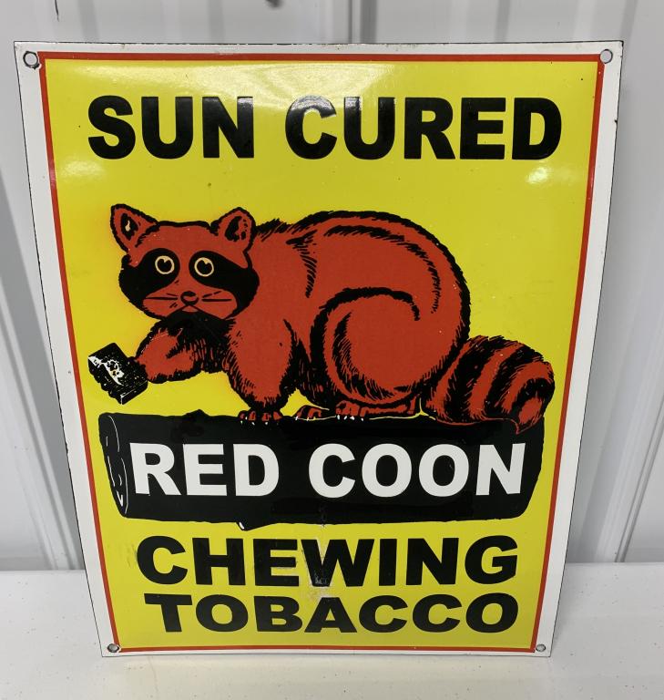 Red Coon Porcelain Tobacco Sign,13"x16": chips,scratches,overall curve in sign, reproduction