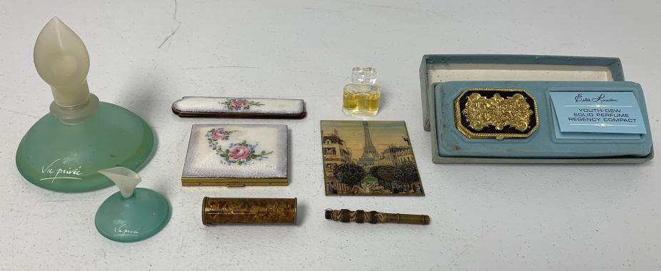lot of 9 Perfume, Compacts, Combs, Toiletries: some bottles have perfume in them, Estee Lauder & others