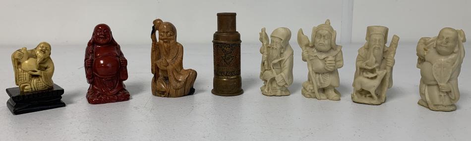 lot of 8 Buddahs, Confucius Figures & lighter: lighter untested and is brass looking and comes apart, some figures are resin, one has a stonelike feel