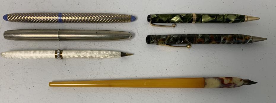 lot of 6 Pens including some Fountain Pens: one pen marked Parker, one marked Golden King, one marked Camel