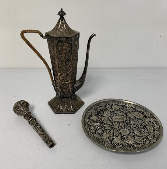 lot of 3 Metal Pitcher, Dish, Walking stick Handle (1 of 5)