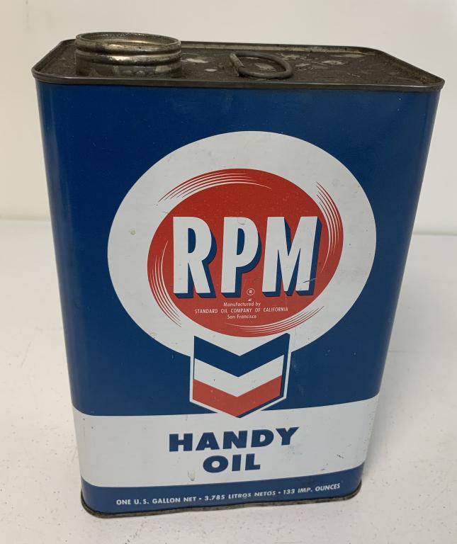 Chevron RPM Handy Oil Can: one gallon size, missing cap, small dent at bottom, scratches, some black paint spray on the side