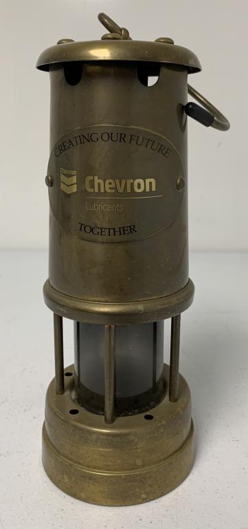 Chevron Miners Lamp: glass globe, may be contemporary, stamped Made in Wales UK on bottom