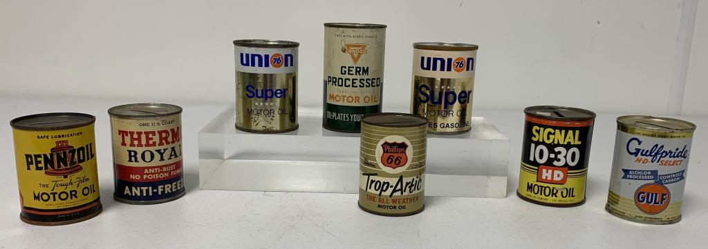 lot of 8 Minature Oil Can Banks: Phillips 66, Gulf, Conoco,76, and others, all have light wear, Pennzoil has a few dents on sides, Conoco is missing its bottom