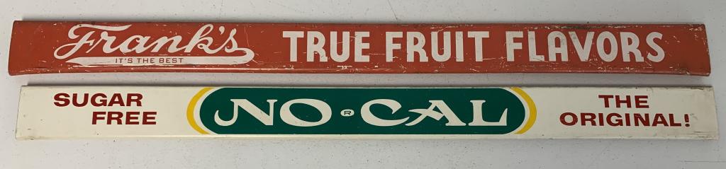lot of 2 Frank's & No Cal Soda Rack Signs: scratches and paint chips on both, bent edges on back