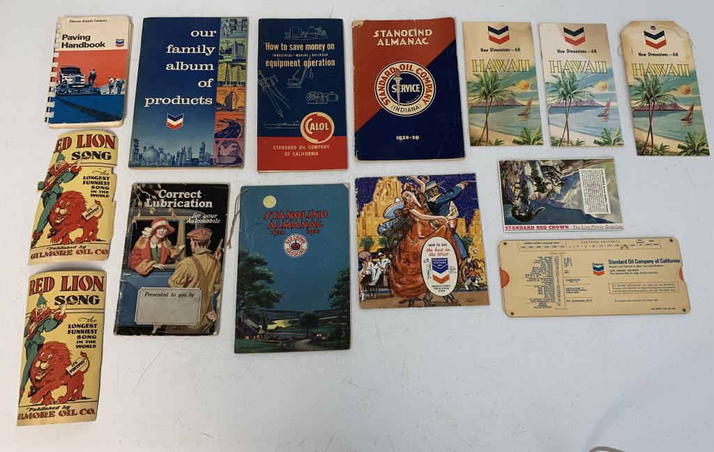 10+ Oil Co Items Chevron, Calol, others: Gilmore Oil Co song booklets, Red Crown Gas almanac, Standard Oil almanac, all with wear