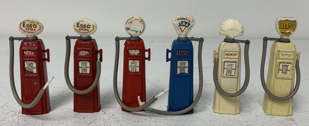 (6) Minature Metal Gas Pumps Gulf, BP, others: Shell, Mobilgas, Super Fina, some with chipped paint, some with worn decals, all are stamped Made in England