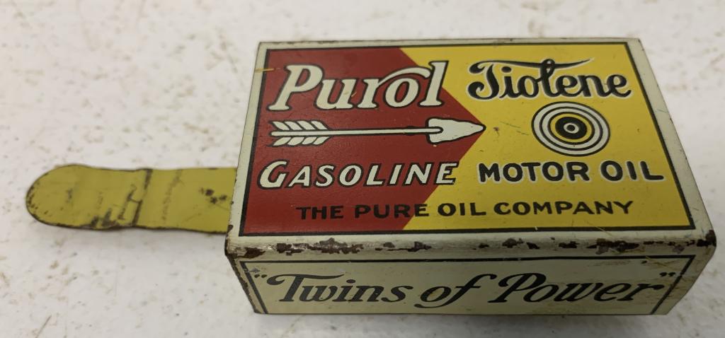 Purol Tiolene Tin Matchpack Holder: stamped Pat. Oct 18th 1921 on bottom, some missing paint and rust