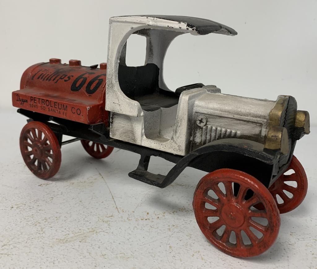 Contemporary Phillips 66 Cast Iron Car: Duggan Petroleum, decals have wear, tank part not attached