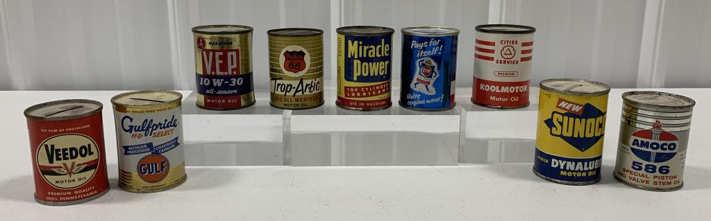 lot of 9 Oil Co. Banks Gulf, Amoco, Sunoco, other: Amoco is an actual oil can with small holes in the bottom, RPM has small dents, Phillips 66, Miracle Power, VEP, Cities Service, Veedol, some with wear