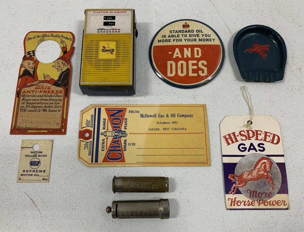 (9) Mobil, Sunoco, Standard, Gulf items others: Sunoco radio untested, Whiz, Hi Speed, Champion ads, Mobil ashtray, Champion pressure gauge, all show some wear