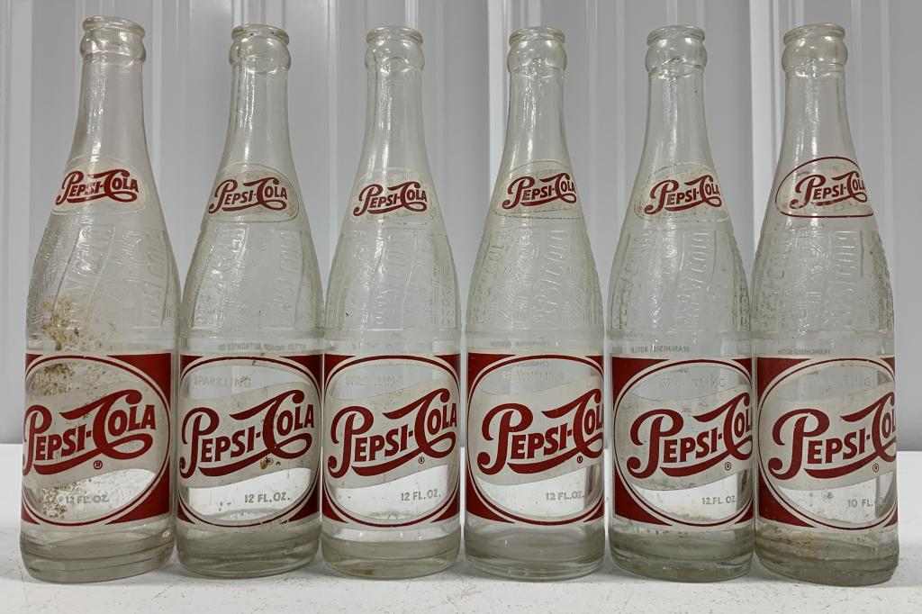 lot of 6 Pepsi Cola Glass Soda Bottles: all have some wear, various bottling plants printed on back side