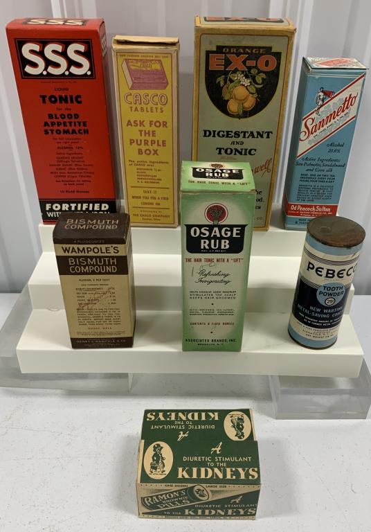 (8) Advertising Bottles with Boxes,Ex-O,S.S.S.: Ramon's,Casco,Sanmetto,Osage Rub,lid torn on Casco,some rust
