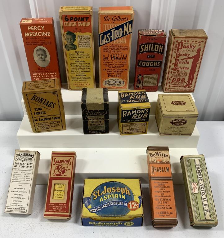 (14) Adver.Tins,Bottle with Boxes,St Joseph's: Shiloh for Coughs,6 Point Cough,Percy,Ramon's,Chamberlain's,some boxes torn