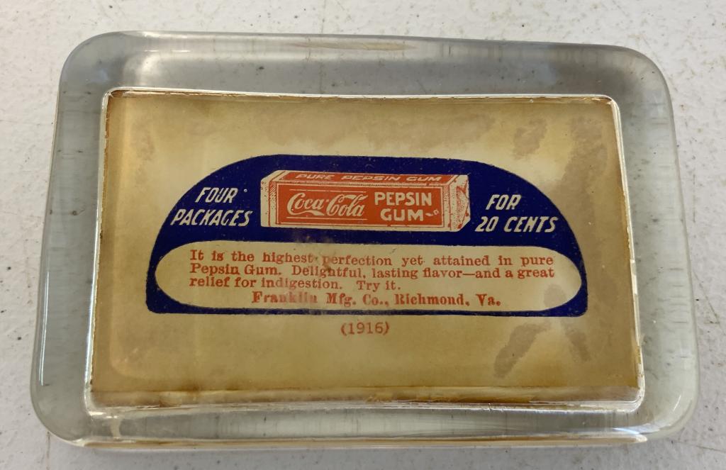 Coca Cola Pepsin Gum Ad Paperweight: ad dated 1916 looks like it has brown stains at spots